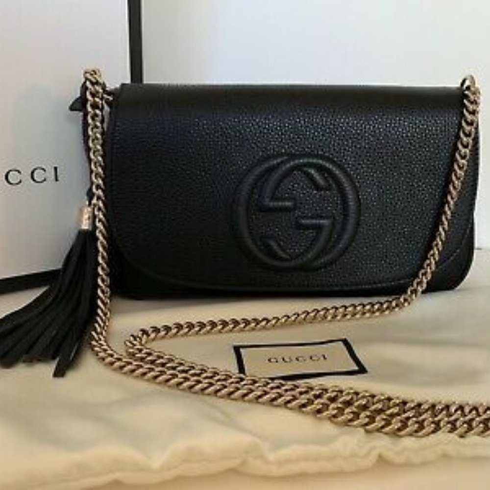 NEW GUCCI 536224 Soho Leather Crossbody Bag, Black